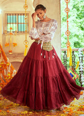 White and Red Printed Crop Top Lehenga